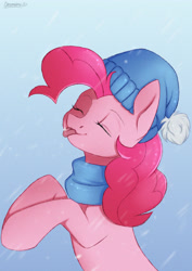 Size: 2894x4093 | Tagged: safe, artist:chickenbrony, derpibooru import, pinkie pie, earth pony, pony, beanie, clothes, eyes closed, female, mare, scarf, snow, snowfall, snowflake, solo, tongue out, winter outfit