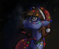 Size: 1240x1028 | Tagged: safe, derpibooru import, oc, oc only, oc:bizarre song, pegasus, pony, broken horn, cape, christmas, christmas lights, clothes, hat, holiday, horn, jewelry, looking up, male, messy mane, necklace, night, santa hat, snow