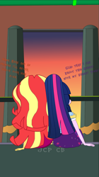 Size: 1078x1922 | Tagged: safe, artist:jcpreactyt, derpibooru import, sci-twi, sunset shimmer, twilight sparkle, better together, equestria girls, bed, clothes, couple, curtains, female, hair, hugs needed, hugs?, lesbian, pun, relationship, scitwishimmer, shipping, sitting, skirt, sunset, sunsetsparkle, sunshine shimmer, together, together forever, window