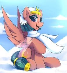 Size: 1850x2000 | Tagged: safe, artist:shadowreindeer, derpibooru import, somnambula, pegasus, pony, clothes, female, looking at you, mare, open mouth, raised hoof, scarf, sitting, smiling, snow, solo, winter