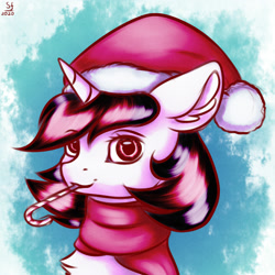 Size: 2000x2000 | Tagged: safe, artist:brilliant-luna, derpibooru import, oc, oc:blackjack, pony, unicorn, fallout equestria, fallout equestria: project horizons, bust, candy, candy cane, chest fluff, christmas, clothes, ear fluff, fanfic art, female, food, hat, holiday, santa hat, scarf, solo, solo female