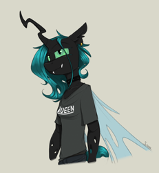 Size: 1200x1300 | Tagged: safe, artist:sinrar, derpibooru import, queen chrysalis, anthro, changeling, changeling queen, choker, clothes, delicious flat chest, ear piercing, earring, fangs, female, gray background, jewelry, piercing, shirt, simple background, smiling, solo, studded choker, t-shirt