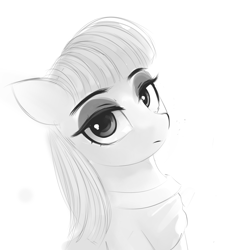 Size: 2000x2000 | Tagged: safe, artist:some_ponu, derpibooru import, maud pie, earth pony, pony, female, grayscale, looking at you, mare, monochrome, simple background, solo