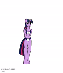 Size: 2000x2337 | Tagged: safe, artist:baroquewolfe, derpibooru import, twilight sparkle, twilight sparkle (alicorn), alicorn, anthro, unguligrade anthro, arm behind back, belly button, bikini, blue swimsuit, breasts, cleavage, clothes, cute, horn, looking at you, simple background, smiling at you, solo, swimsuit, tail, twiabetes, white background