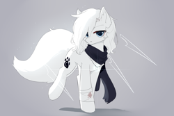 Size: 1500x1000 | Tagged: safe, artist:heddopen, derpibooru import, oc, oc only, oc:loulou, earth pony, pony, clothes, ear fluff, female, fluffy tail, gray background, injured, jewelry, looking at you, mare, necklace, scarf, short hair, simple background, solo