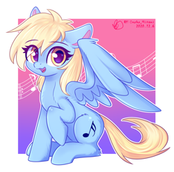 Size: 2150x2124 | Tagged: safe, artist:inaba_hitomi, derpibooru import, oc, pegasus, cute, music notes, ocbetes, open mouth, raised hoof, sitting, solo