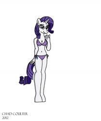 Size: 1508x1806 | Tagged: safe, artist:baroquewolfe, derpibooru import, rarity, anthro, unguligrade anthro, belly button, bikini, breasts, cleavage, clothes, cutie mark, horn, horned anthro, looking at you, purple swimsuit, smiling at you, solo, string bikini, swimsuit, tail