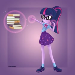 Size: 2000x2000 | Tagged: safe, artist:underratedhero, derpibooru import, sci-twi, twilight sparkle, equestria girls, book, clothes, commission, female, geode of telekinesis, glasses, magic, magical geodes, simple background, skirt, solo, telekinesis