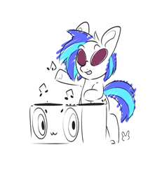 Size: 1200x1300 | Tagged: safe, artist:sugarelement, derpibooru import, dj pon-3, vinyl scratch, pony, unicorn, 30 minute art challenge, :3, bipedal, female, mare, music notes, simple background, solo, speakers, sunglasses, trotcon, trotcon online, turntable, white background