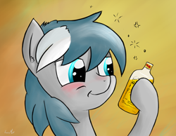 Size: 1686x1310 | Tagged: safe, artist:lazymort, derpibooru import, oc, oc only, oc:summer memory, pony, alcohol, berrytube, blushing, bottle, drunk, drunk bubbles, hoof hold, solo, whiskey