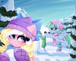 Size: 5000x4000 | Tagged: safe, artist:xsatanielx, derpibooru import, oc, oc only, oc:bay breeze, oc:silky strings, pegasus, pony, advertisement, bipedal, bow, clothes, commission, female, rcf community, scarf, snow, snowball, snowpony, socks, wings, winter hat, winter outfit, ych result