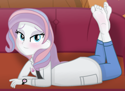 Size: 1437x1046 | Tagged: safe, artist:grapefruitface1, derpibooru import, potion nova, equestria girls, my little pony: pony life, barefoot, blushing, clothes, equestria girls-ified, feet, feet in the air, g4.5 to equestria girls, jeans, lab coat, looking at you, pants, sexy, sofa, soles, solo, the pose, watch