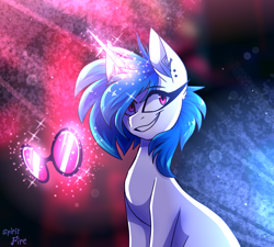 Size: 3000x2700 | Tagged: safe, artist:celes-969, derpibooru import, dj pon-3, vinyl scratch, pony, unicorn, abstract background, ear piercing, earring, female, glasses off, glowing horn, horn, jewelry, long horn, looking at you, magic, mare, piercing, sitting, smiling, solo, telekinesis