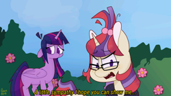 Size: 1024x576 | Tagged: safe, artist:gissel00001, derpibooru import, moondancer, twilight sparkle, twilight sparkle (alicorn), alicorn, pony, unicorn, amending fences, bush, clothes, dialogue, duo, duo female, female, floppy ears, flower, folded wings, freckles, frown, looking away, looking down, mare, missing cutie mark, moondancer's sweater, no pupils, open mouth, outdoors, song reference, standing, subtitles, sweater, wings