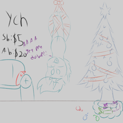 Size: 2500x2500 | Tagged: safe, artist:inky scroll, derpibooru import, oc, oc:inky scroll, pony, unicorn, bondage, christmas, christmas tree, commission, holiday, simple background, sketch, suspended, tied up, tree, upside down, your character here