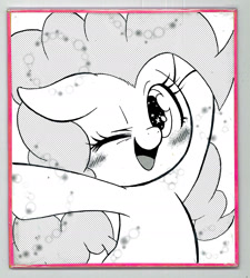 Size: 1542x1716 | Tagged: safe, artist:phoenixperegrine, derpibooru import, pinkie pie, earth pony, pony, black and white, blushing, bust, cute, diapinkes, ear down, female, grayscale, manga style, mare, monochrome, one eye closed, open mouth, panel, smiling, solo, starry eyes, wingding eyes, wink