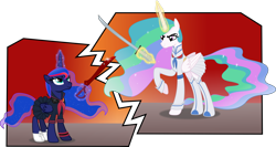 Size: 12196x6511 | Tagged: safe, artist:anime-equestria, derpibooru import, princess celestia, princess luna, alicorn, pony, angry, anime, clothes, costume, crossover, duo, eyeshadow, horn, kill la kill, levitation, magic, makeup, ryuko matoi, sailor uniform, satsuki kiryuin, scissor blade, skirt, sword, telekinesis, uniform, weapon, wings