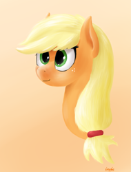 Size: 1221x1608 | Tagged: safe, artist:lazymort, derpibooru import, applejack, earth pony, pony, bust, female, hatless, missing accessory, simple background, smiling, solo, white background