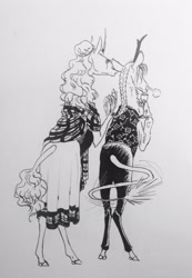 Size: 1855x2676 | Tagged: safe, artist:lady-limule, derpibooru import, oc, oc only, anthro, kirin, unguligrade anthro, clothes, dress, duo, inktober, inktober 2019, kirin oc, leonine tail, monochrome, traditional art