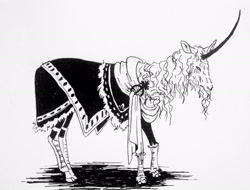 Size: 2582x1967 | Tagged: safe, artist:lady-limule, derpibooru import, oc, oc only, pony, unicorn, clothes, curved horn, horn, inktober, inktober 2019, monochrome, solo, traditional art, unicorn oc