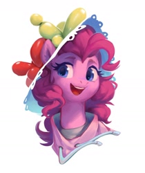 Size: 1518x1811 | Tagged: safe, artist:luciferamon, derpibooru import, pinkie pie, earth pony, pony, balloon, balloon hat, bust, clothes, cute, diapinkes, female, hat, hoodie, mare, open mouth, portrait, simple background, solo, white background