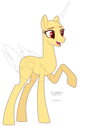 Size: 1271x1664 | Tagged: safe, artist:teepew, derpibooru import, oc, oc only, alicorn, pony, alicorn oc, bald, base, eyelashes, horn, open mouth, raised hoof, signature, simple background, smiling, solo, transparent background, wings