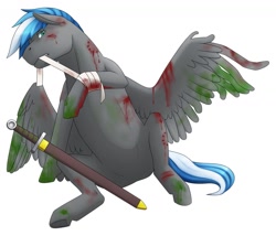 Size: 1280x1096 | Tagged: safe, artist:imreer, derpibooru import, oc, oc only, pegasus, pony, bandage, blood, injured, male, mouth hold, pegasus oc, simple background, sitting, solo, stallion, sword, weapon, white background, wings