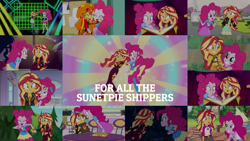 Size: 1984x1117 | Tagged: safe, derpibooru import, edit, edited screencap, editor:quoterific, screencap, pinkie pie, sci-twi, sunset shimmer, twilight sparkle, a fine line, better together, eqg summertime shorts, equestria girls, forgotten friendship, friendship through the ages, legend of everfree, mirror magic, sunset's backstage pass!, the art of friendship, unsolved selfie mysteries, spoiler:eqg specials, book, burger, clothes, cupcake, female, food, lesbian, shipping, sunsetpie, swimsuit