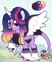 Size: 893x1075 | Tagged: safe, artist:malinraf1615, derpibooru import, twilight sparkle, twilight sparkle (alicorn), alicorn, pony, alternate hairstyle, chest fluff, curved horn, ethereal mane, female, horn, leg fluff, leonine tail, mare, open mouth, raised hoof, redesign, solo, starry mane, unshorn fetlocks