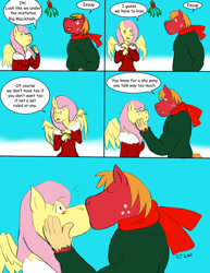 Size: 765x990 | Tagged: safe, artist:caseyljones, derpibooru import, big macintosh, fluttershy, anthro, earth pony, pegasus, 2011, blushing, comic, dialogue, female, fluttermac, kissing, male, mare, mistletoe, shipping, shy, speech bubble, stallion, straight