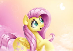 Size: 1732x1225 | Tagged: safe, artist:pyropk, derpibooru import, fluttershy, butterfly, pegasus, pony, amazed, cloud, female, folded wings, looking at something, looking up, mare, open mouth, raised hoof, sky background, solo, wings