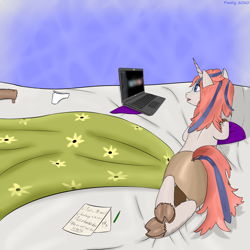 Size: 3000x3000 | Tagged: safe, alternate version, artist:pontiy, derpibooru import, oc, oc only, oc:lulu lone, pony, unicorn, bed, clothes, cloven hooves, computer, female, mare, solo, solo female, underhoof