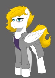 Size: 1080x1518 | Tagged: safe, artist:rand-dums, derpibooru import, oc, oc:study guide, pegasus, fallout equestria: redemption is magic, blonde, blonde mane, blonde tail, blue eyes, clothes, done with your shit, enclave, enclave researcher, enclave scientist, female, females only, lab coat, mare, old, researcher, scientist, solo, tired, white coat, white fur