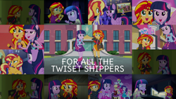 Size: 1968x1107 | Tagged: safe, derpibooru import, editor:quoterific, applejack, fluttershy, pinkie pie, rainbow dash, rarity, sci-twi, sunset shimmer, twilight sparkle, equestria girls, equestria girls (movie), rainbow rocks, spring breakdown, female, humane five, humane seven, humane six, lesbian, shipping, sunsetsparkle