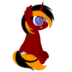 Size: 2200x2200 | Tagged: safe, artist:ponkus, derpibooru import, oc, oc:red flame, bat pony, unicorn, 2021 community collab, bat pony oc, commission, derpibooru community collaboration, fangs, glasses, horn, no wing, pointed ears, simple background, sitting, smiling, solo, transparent background, wingless