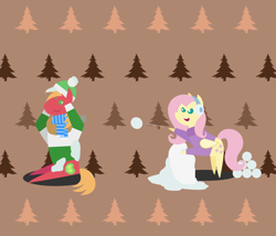 Size: 2520x2160 | Tagged: safe, anonymous artist, derpibooru import, big macintosh, fluttershy, earth pony, pegasus, pony, series:fm holidays, series:hearth's warming advent calendar, abstract background, advent calendar, bipedal, bipedal leaning, christmas, clothes, earmuffs, female, fluttermac, holiday, leaning, lineless, male, one eye closed, pointy ponies, scarf, shipping, snow, snowball, snowball fight, straight, sweater, turtleneck, winter outfit