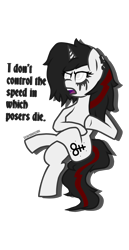 Size: 1431x2775 | Tagged: safe, artist:legendoflink, derpibooru import, oc, oc only, oc:black melodia, unicorn, black metal, corpse paint, makeup, meme, metal, simple background, sitting, text, transparent background