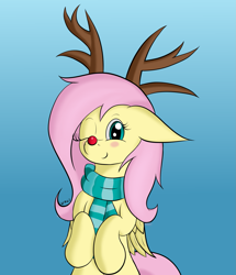 Size: 1495x1736 | Tagged: safe, artist:wapamario63, fluttershy, pegasus, pony, blushing, cute, female, floppy ears, gradient background, mare, reindeer costume, shyabetes, solo