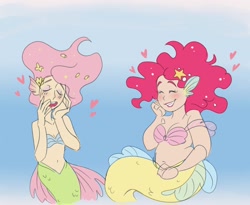 Size: 2200x1800 | Tagged: dead source, safe, artist:smol_andriusha, derpibooru import, fluttershy, pinkie pie, anthro, human, mermaid, belly button, blushing, bra, breasts, cleavage, clothes, duo, eyes closed, female, grin, heart, humanized, mermaidized, midriff, plump, seashell bra, shell, smiling, solo, species swap