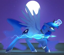 Size: 3284x2820 | Tagged: safe, artist:renderpoint, derpibooru import, princess luna, alicorn, pony, female, full moon, glowing horn, hoof shoes, horn, jewelry, magic, mare, moon, peytral, raised hoof, solo, spear, telekinesis, tiara, weapon