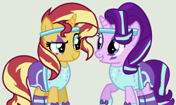 Size: 1105x658 | Tagged: safe, artist:jadethepegasus, artist:venomous-cookietwt, derpibooru import, starlight glimmer, sunset shimmer, pony, unicorn, base used, clothes, duo, face paint, female, grin, headband, mare, raised hoof, roller skates, shorts, smiling, socks, striped socks, tanktop