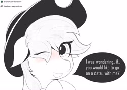 Size: 4232x3000 | Tagged: safe, artist:drawalaverr, derpibooru import, applejack, earth pony, pony, applejack's hat, black and white, blushing, bust, commission, cowboy hat, cute, eye clipping through hair, female, grayscale, hat, hooves together, jackabetes, looking at you, manga, mare, monochrome, one eye closed, portrait, simple background, sketch, smiling, solo, text, white background, wink, winking at you