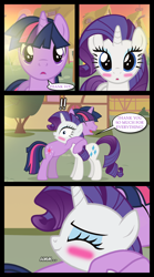 Size: 1280x2300 | Tagged: safe, artist:bigsnusnu, derpibooru import, dusk shine, rarity, twilight sparkle, pony, unicorn, comic:dusk shine in pursuit of happiness, blushing, half r63 shipping, happy, hug, rule 63, shipping, suprised look