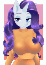 Size: 600x856 | Tagged: safe, artist:klaudy, derpibooru import, rarity, anthro, unicorn, adorasexy, animated, auction, big breasts, blinking, blue eyes, blushing, breasts, clothes, commission, cute, eyes closed, female, lip bite, mare, raritits, seductive, seductive look, sexy, smiling, smirk, solo, sweater, ych animation, ych example, your character here