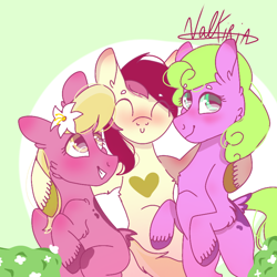 Size: 768x768 | Tagged: safe, artist:valkiria, derpibooru import, daisy, flower wishes, lily, lily valley, roseluck, earth pony, pony, semi-anthro, chest fluff, cute, female, females only, floppy ears, flower, flower trio, heart, looking at you, mare, missing cutie mark, sitting, trio, trio female