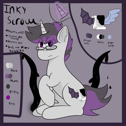 Size: 2500x2500 | Tagged: safe, artist:inky scroll, derpibooru import, oc, oc:inky scroll, pony, unicorn, glasses, ink, male, reference sheet, simple background, stallion, tendrils