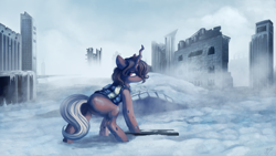 Size: 4000x2251 | Tagged: safe, artist:hagalazka, derpibooru import, oc, oc only, oc:red flux, changeling, clothes, looking at you, male, red changeling, ruined city, ruins, solo, stallion