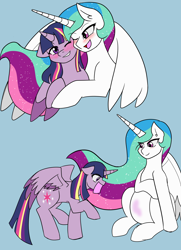 Size: 3264x4499 | Tagged: safe, artist:jolliapplegirl, derpibooru import, princess celestia, twilight sparkle, twilight sparkle (alicorn), alicorn, pony, blushing, female, lesbian, magical lesbian spawn, offspring, preglestia, pregnant, shipping, twilestia