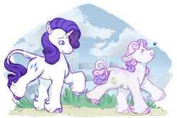 Size: 900x600 | Tagged: safe, artist:iouise, derpibooru import, rarity, sweetie belle, butterfly, classical unicorn, pony, unicorn, alternate cutie mark, cloven hooves, duo, female, filly, leonine tail, mare, siblings, simple background, sisters, transparent background, two toned mane, two toned tail, unshorn fetlocks