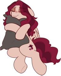 Size: 845x1057 | Tagged: safe, artist:crimmharmony, derpibooru import, oc, oc:crimm harmony, pegasus, blushing, cuddling, eyes closed, female, happy, mare, pillow, simple background, snuggling, solo, transparent background